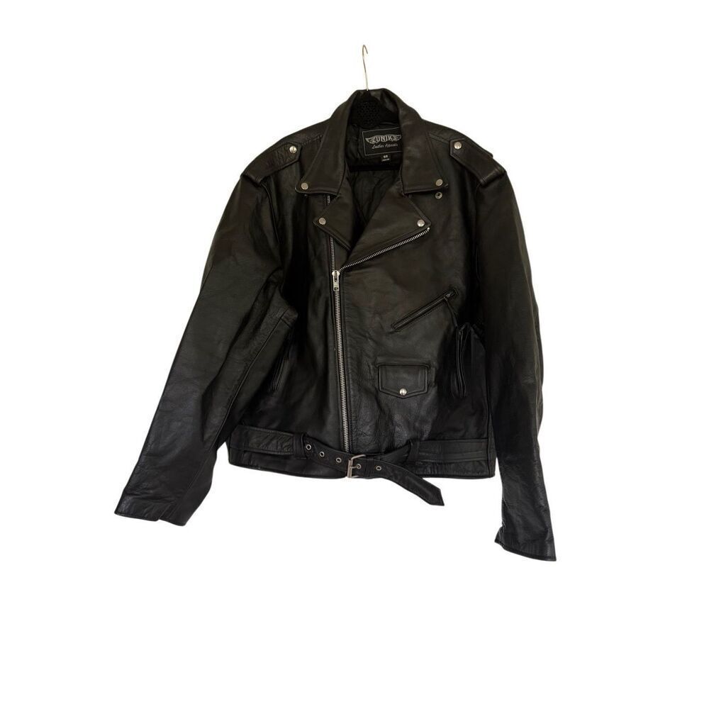 Unik Mens Black Leather Zip Front Belted Biker Motorcycle Jacket Size 56 3XL